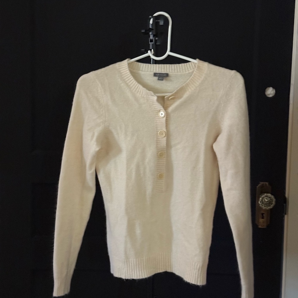 Ann Taylor Cream Button-Up Rabbit Fur Cardigan
